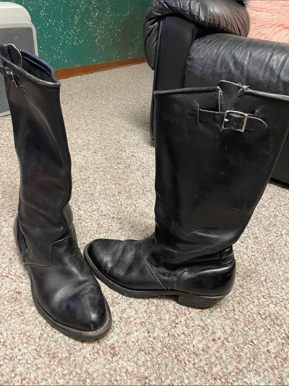 Vintage Men's Black Leather Mid-Calf Buckle Boots